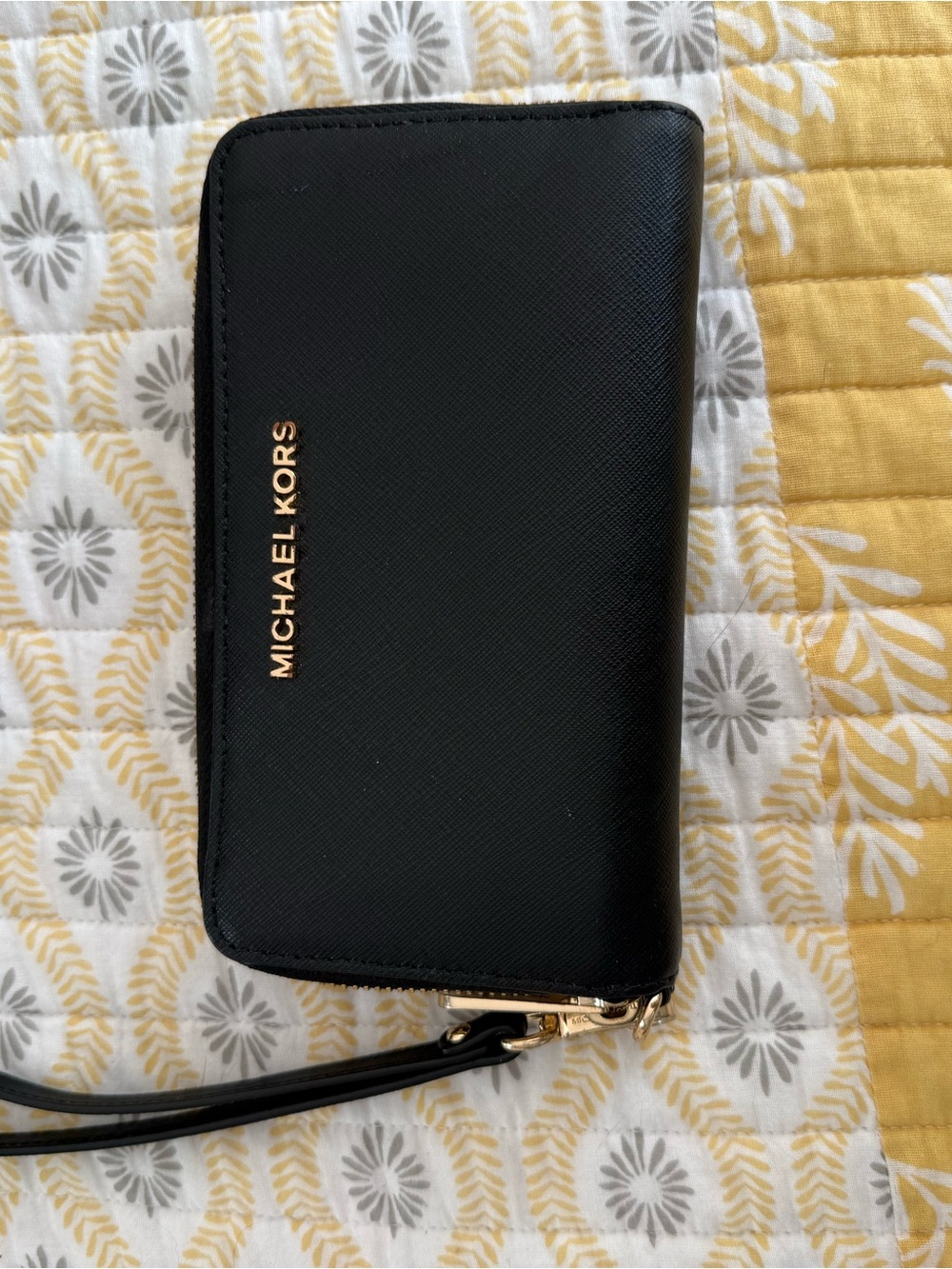 Michael Kors Black Saffiano Zip-Around Wristlet Wallet with Gold Hardware